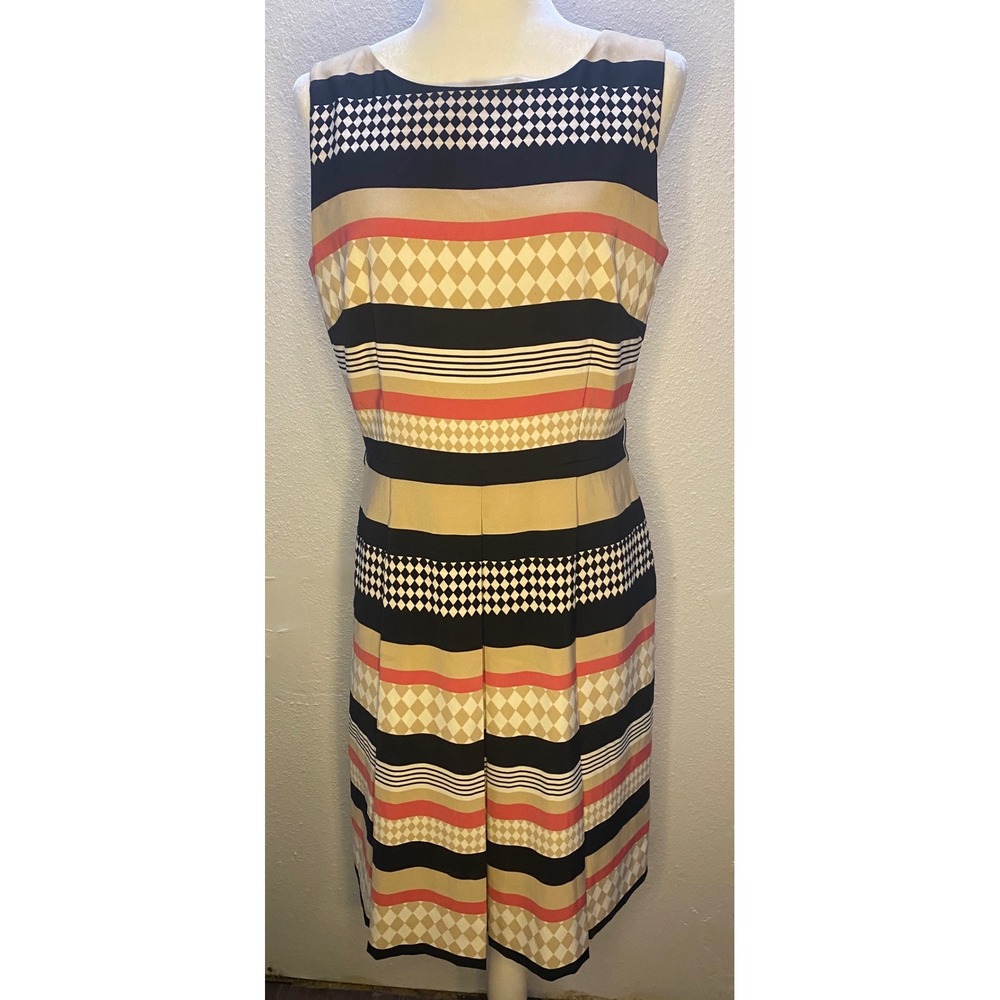 Tahari Arthur S Levine Sheath Dress Women's 10 Black Tan Coral Geometric Office